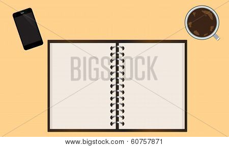 Desk with notes and cup of coffee