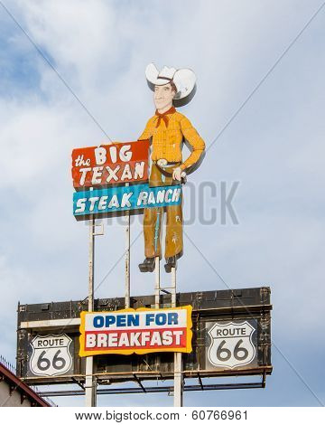 Route 66: Big Texan Steak Ranch Neon Sign and Shield, Amarillo, TX