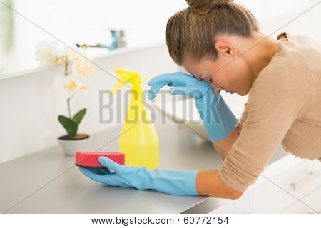 Portrait Of Frustrated Housewife In The Middle Of Cleaning Work