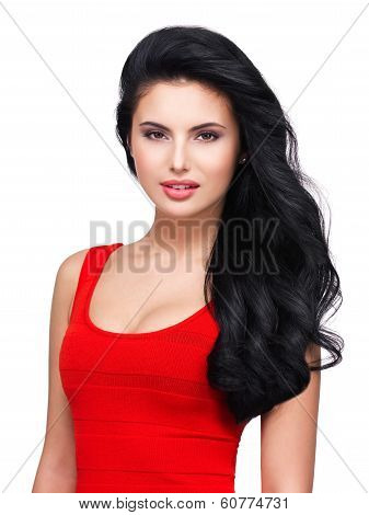 Portrait  Of  Young Smiling Woman With Long Brown Hair.
