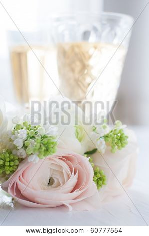 Elegant Bouquet Of Flowers And Two Glasses Of Wine