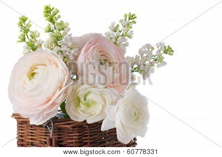Buttercups And White Lilac In A Wicker Basket