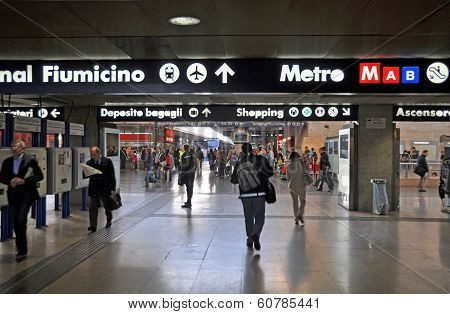 Termini Train Station With Signs For Fiumicino Airport, Rome Italy