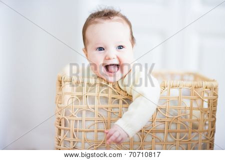 Adorable Laughing Baby Sitting In A Laundry Basket