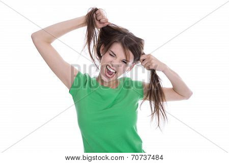 Crazy Young Girl Playing With Her Hair Making Grimace.