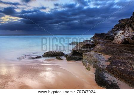 Stunning Beach And Coastal Rocks Before Sunrise