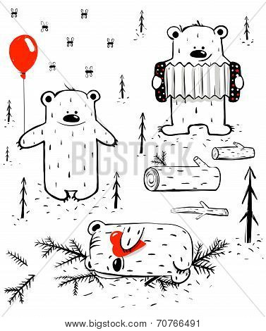 Three Cartoon Bears Sleeping and Playing