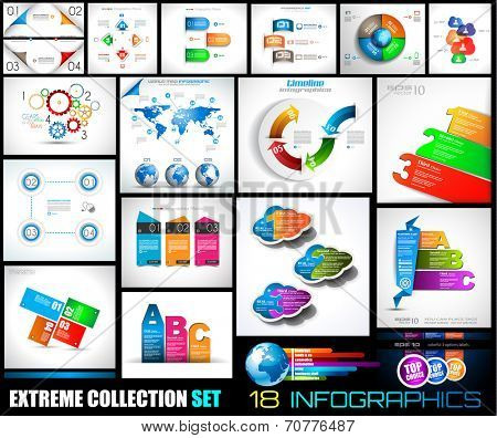 Collection of 18 Infographics for social media and clouds. Flat style UI design elements for your business projects, seo diagrams and solution ranking presentazions