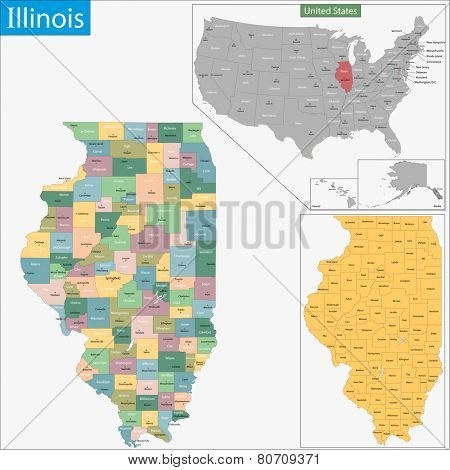 Map of Illinois state designed in illustration with the counties and the county seats