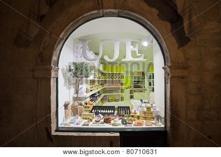 DUBROVNIK, CROATIA - MAY 26, 2014: Street window of shop called Uje (Dalmatian word for oil) selling traditional and hand made things.