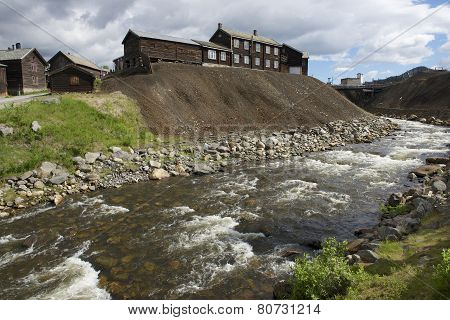 Traditional timber buildings of the copper smelter factory, Roros, Norway.