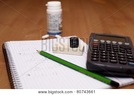 Study Place With Calculator And Painkillers In Background