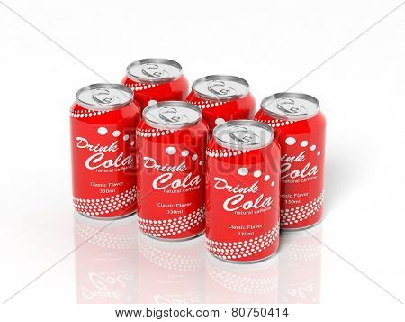 3D six pack collection of cola cans isolated on white 