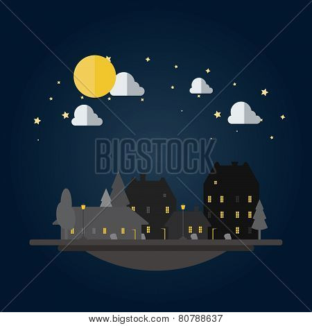 Flat Design Of Cityscape At Night