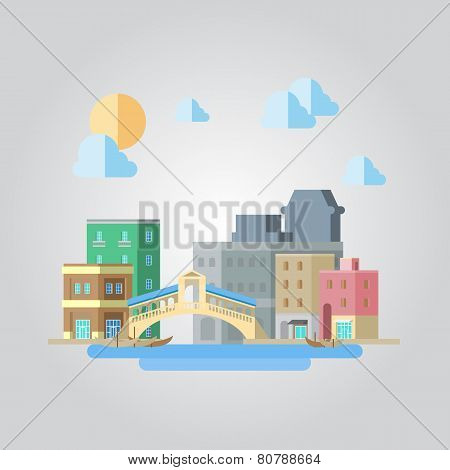 Flat Design Of Venice Bridge Cityscape