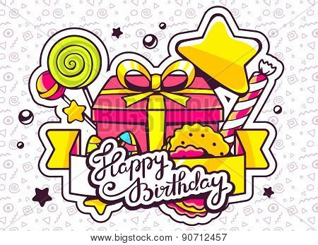 Vector Illustration Of Gift Box And Sweets With Ribbon And Text Happy Birthday On Light Pattern Back