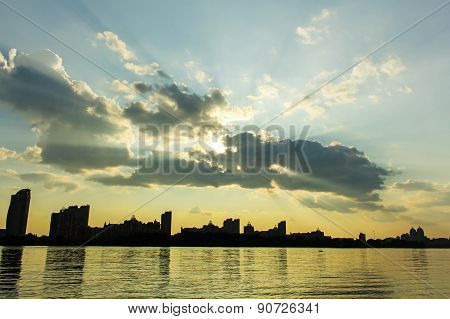 Sunset over city.