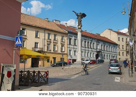 View to the Angel square and Uzupis Angel in Vilnius, Lithuania.