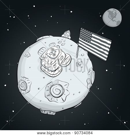 Astronaut Whith Flag Usa On The Moon Bw