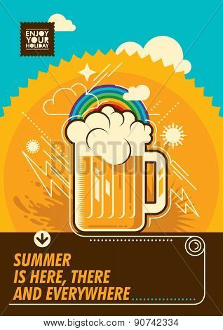 Summer poster with mug of beer. Vector illustration.