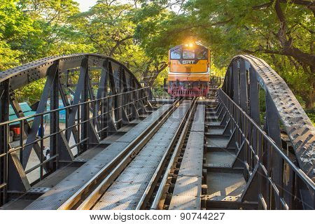 Kanchanaburi, Thailand - January 5, 2015: Train on the famous bridge over the river Kwai in Kanchanaburi, Thailand