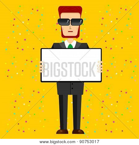 bearded businessman with sunglasses holding banner