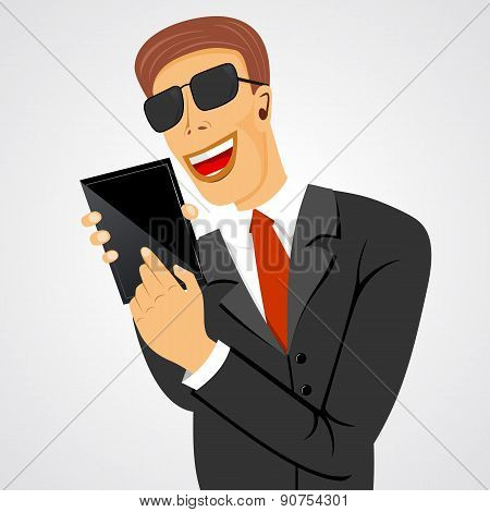 smiling business man holding tablet