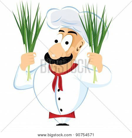 chef holding green onion