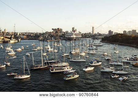 Sydney Harbor Panorama Taken On 19 Of February 2007 During Queen Elizabeth 2 Cruise Ship Visit. Quee