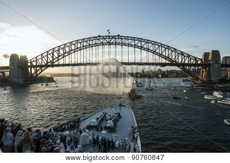 Sydney harbor - panorama taken on 02.19.2007 during Queen Elizabeth 2 cruise ship visit. Sydney/Australia-02 19 2007.
This was part of the World Cruise 2007, where the 3 Cunard queens meet: Queen Mary 2, Queen Elizabetth 2 and Queen Victoria.