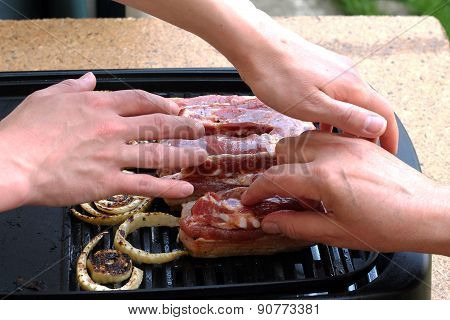 Grilling Vegetables And Meat, Womens Hand