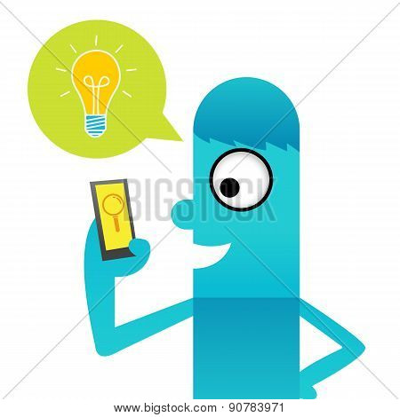 Blue man get idea about mobile application