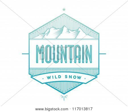 Logo Badge For Creative Design Project. Label Related To Mountain Theme - Blue Mountain On A White B