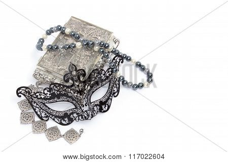 Black Carnivale Mask With Silver Bracelet And Box, And Pearl Neclace Isolated On White