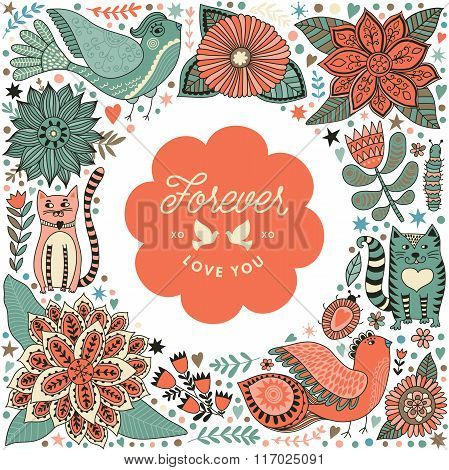 Wreath illustration made of flowers and herbs