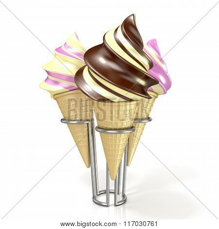 Different sorts of ice creams in a waffles. 3D