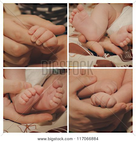 Close-up Of Baby's Hands And Feet Collage.