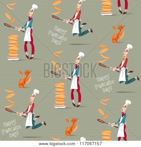 Happy Pancake Day! Cook Boy Tosses Pancake In Frying Pan. Seamless Background Pattern.