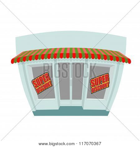Storefront. Super Discount. Great Discount Window Shop. Funny Shop In Cartoon Style. Sales In Shop.