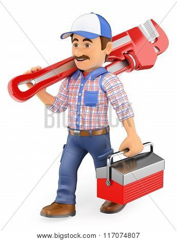3D Plumber Walking With A Pipe Wrench And Toolbox