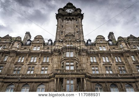 View of the Balmoral Hotel facade in Edinburgh, Scotland