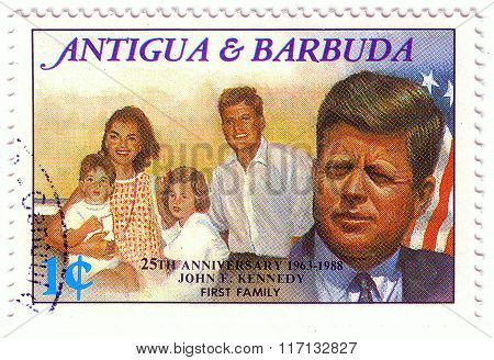 Antigua And Barbuda- Circa 1988: Stamp Printed By Antigua And Barbuda, Shows John Kennedy And His Fa