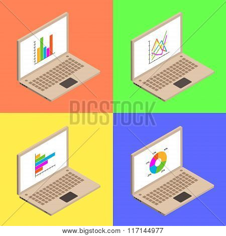 Isometric Laptpop, Charts And Diagram.