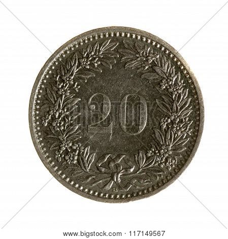 Metal Coins Twenty Rappen Switzerland Isolated On White Background