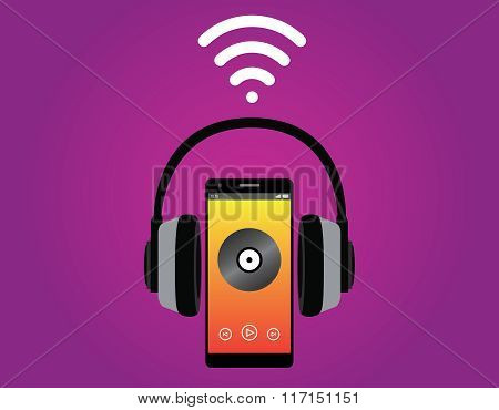 Smartphone With Headphone Listening Music Use Wifi Signal Vector