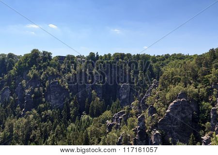 Panorama With Rocks Bastei And Hotel On Mountain In Rathen, Saxon Switzerland