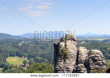 Rock Pinnacle Monch With Weather Vane Near Rathen In Saxon Switzerland