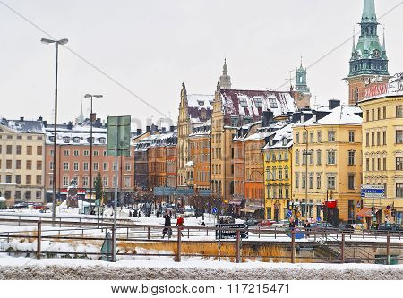 STOCKHOLM SWEDEN - JANUARY 5 2011: Church of Saint Clare in winter Norrmalm in Gamla Stan of Stockholm. Norrmalm is city district in Stockholm. Stockholm is the capital of Sweden