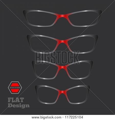 Eye glasses set. Optical glass appliance for vision. Black, red signs on dark gray background with l
