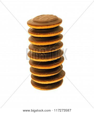 Heap of chocolate biscuit cookies. Tower of delicious jaffa cakes